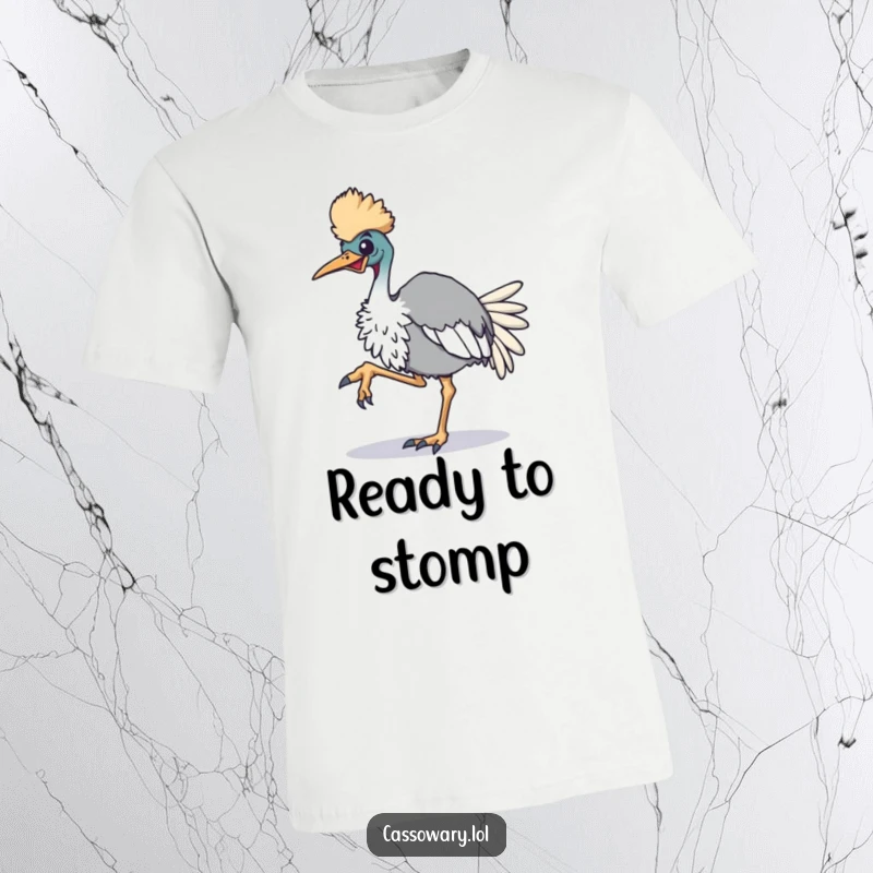 Funny cassowary t-shirt, illustrating an enthusiastic cassowary bird joyfully tapping its foot, conveying energy and humor.