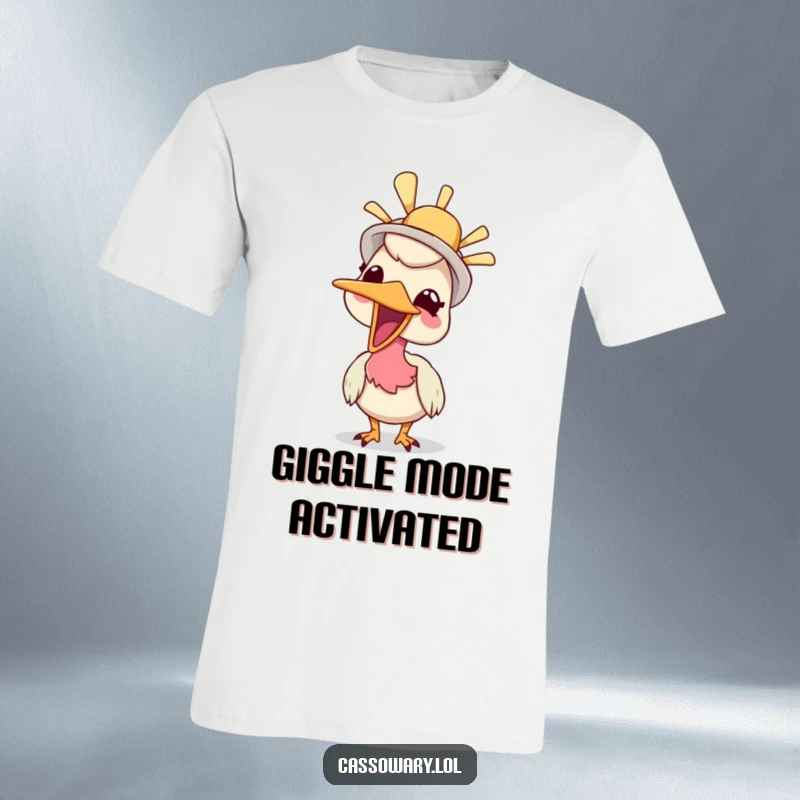 Funny t-shirt graphic of a cassowary giggling while wearing a silly hat, radiating pure fun and amusement.