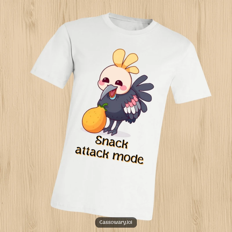 Funny t-shirt featuring a kawaii cassowary joyfully pecking at a colorful piece of fruit, expressing pure happiness and enjoyment.