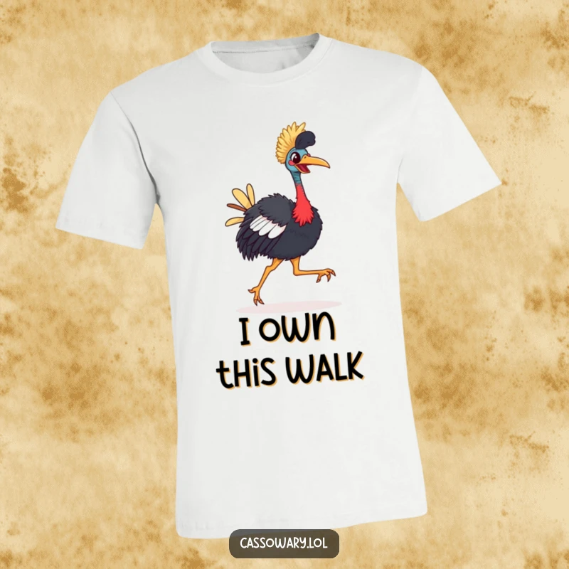 Funny Cassowary T-Shirt: A brightly-beaked bird happily strutting with a comical, joyful gait, perfect for bird enthusiasts.