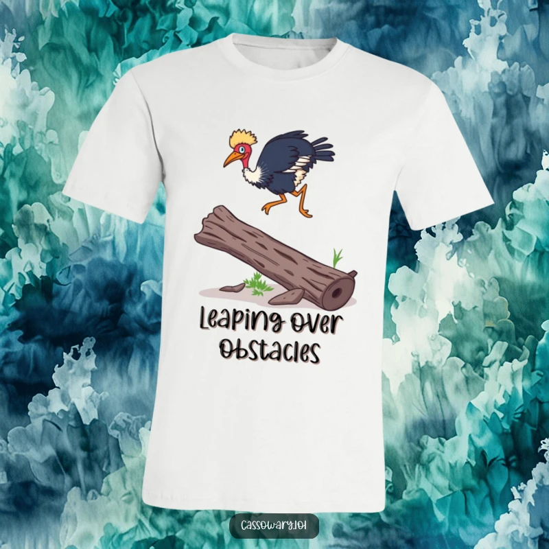 Funny Cassowary t-shirt depicting a cassowary leaping gracefully over a fallen log, a humorous and dynamic illustration of unexpected agility.