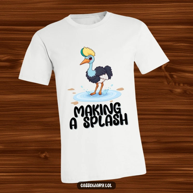 Funny cassowary t-shirt featuring a bird playfully splashing in a small puddle with a happy splash, a joyful creature.