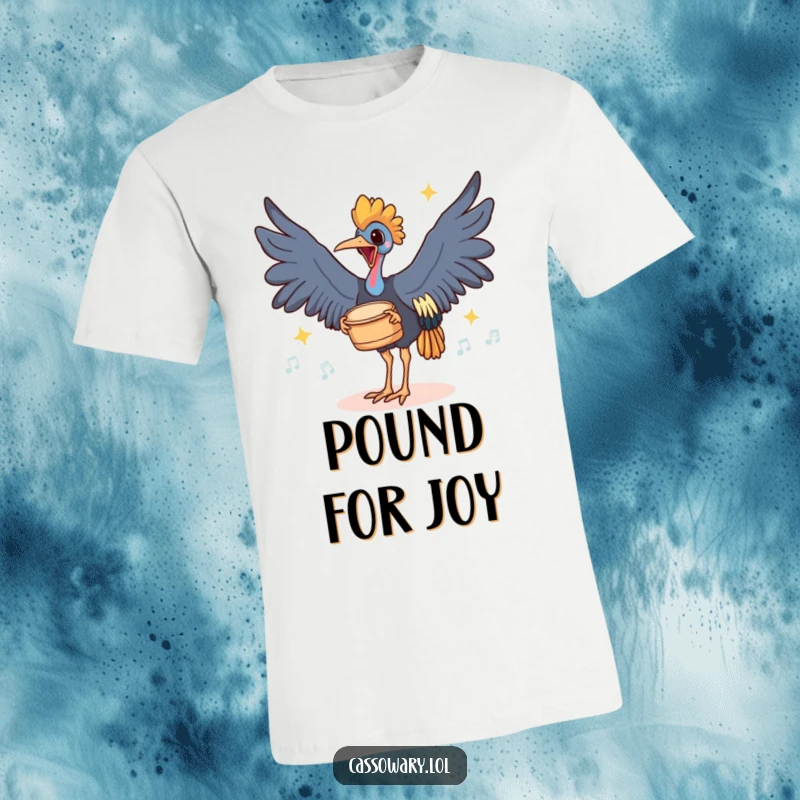 Funny t-shirt depicting a cassowary enthusiastically drumming its feet on the ground with happy, rhythmic thuds, full of life.