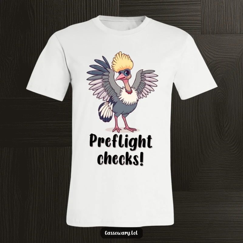 Funny cassowary t-shirt showing a bird with wings slightly raised, ready to take flight, embodying humorous aspiration.
