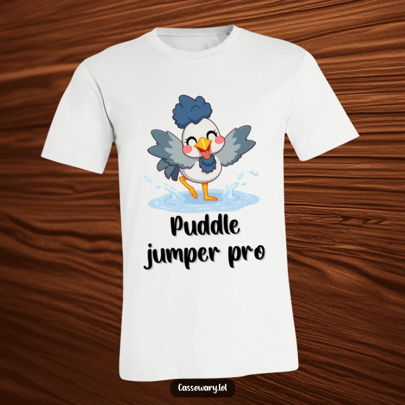Funny t-shirt showing a cassowary joyfully splashing in a puddle, radiating happiness and a love for getting wet.