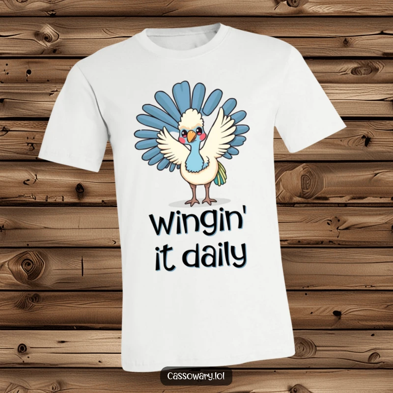 Funny kawaii cassowary t-shirt showing a friendly bird waving its wing, conveying a warm and inviting message.