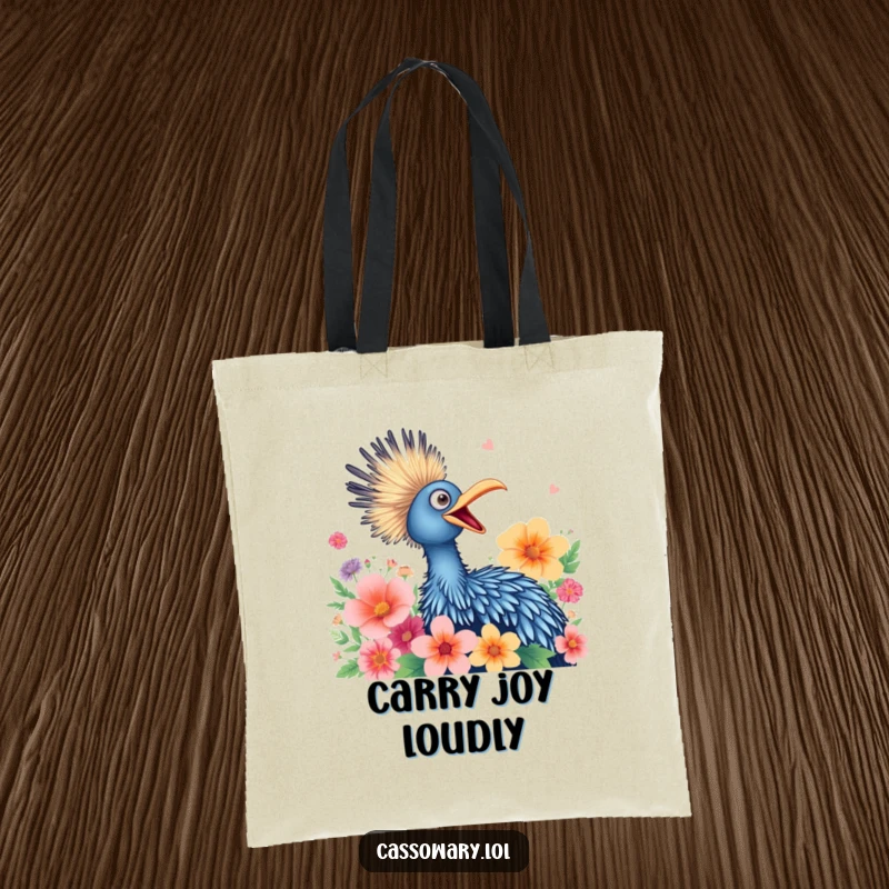 Funny tote bag featuring a cassowary joyfully squawking amidst vibrant flowers, perfect for carrying nature's beauty.