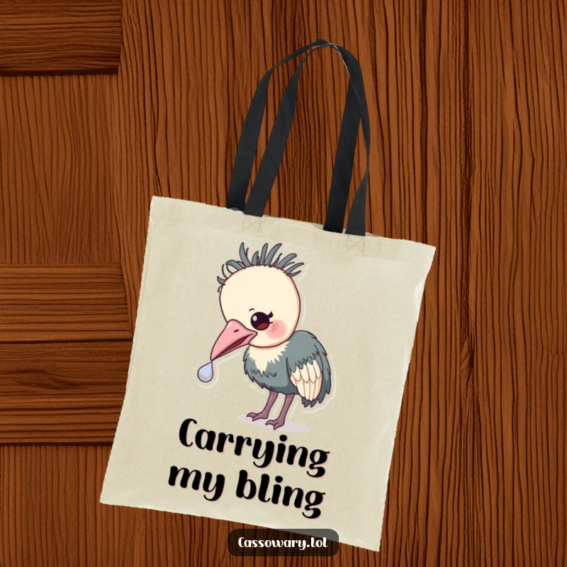 Funny Cassowary Treasure Tote Bag: A humorous tote bag with a cassowary gently nudging a shiny object, signifying a keen eye for treasures.