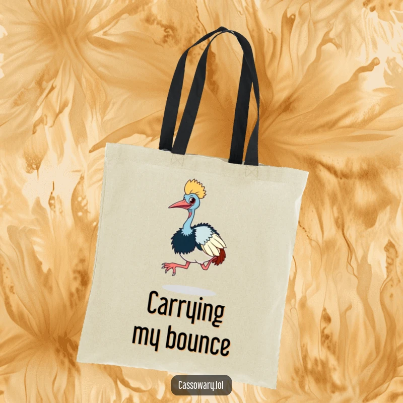 Funny cassowary tote bag with a cassowary doing a comical little hop with its large feet, ideal for everyday use.