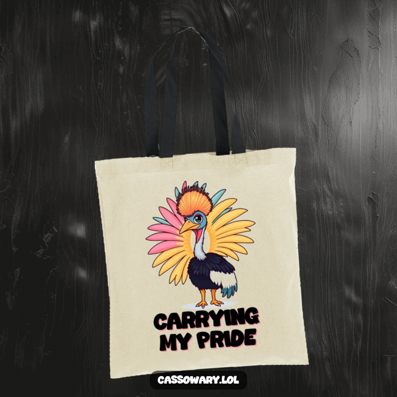 Funny cassowary tote bag with a proud bird displaying a large, colorful feather, a stylish carryall.