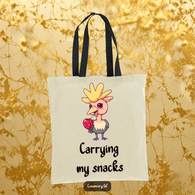 Funny cassowary tote bag illustration of a delighted cassowary bird happily eating a juicy berry, perfect for carrying groceries and smiles.