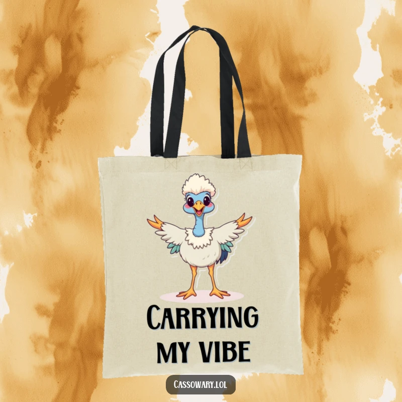 Funny cassowary tote bag, a happy cassowary stands with legs spread wide, perfect for carrying groceries with a quirky bird theme.