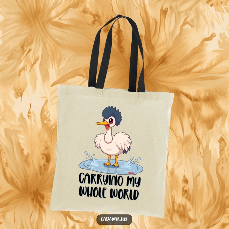 Funny cassowary tote bag showcasing a happy bird splashing in a puddle, ideal for carrying essentials with a humorous and artistic flair.