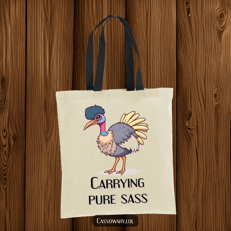 Funny tote bag with a cassowary winking confidently while strutting, perfect for carrying items with a bold and humorous flair.