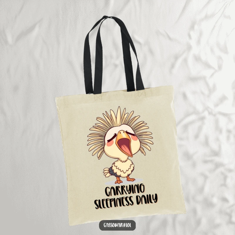Funny tote bag with a cassowary yawning widely with a sleepy expression, ideal for carrying items with a humorous, relaxed vibe.