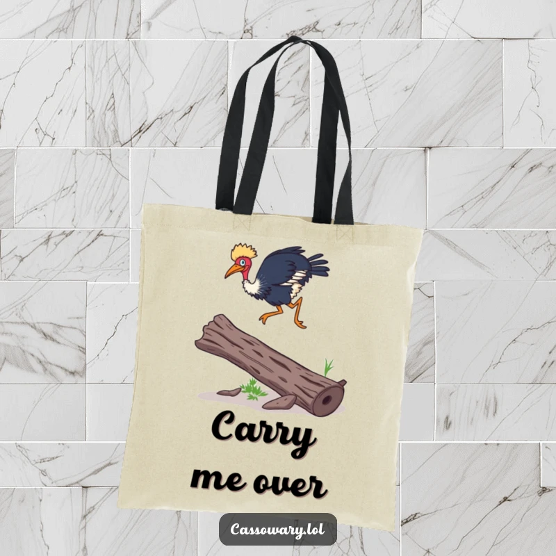 Funny Cassowary tote bag showing a cassowary leaping over a log with surprising agility, perfect for carrying items with a humorous touch.