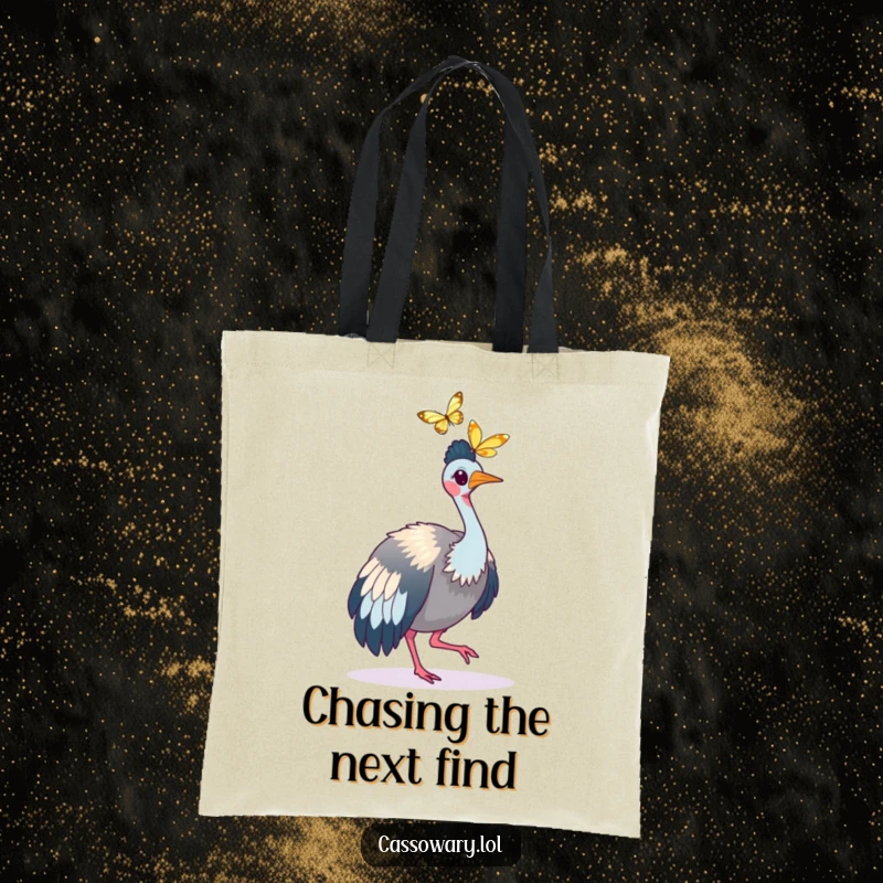 Funny Cassowary Butterfly Chase Tote Bag: A cassowary chasing a butterfly, ideal for carrying essentials. Funny gift.