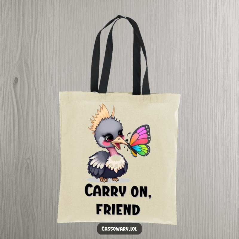 Funny tote bag featuring a cassowary playfully nudging a butterfly with its beak, a charming depiction of gentle curiosity.