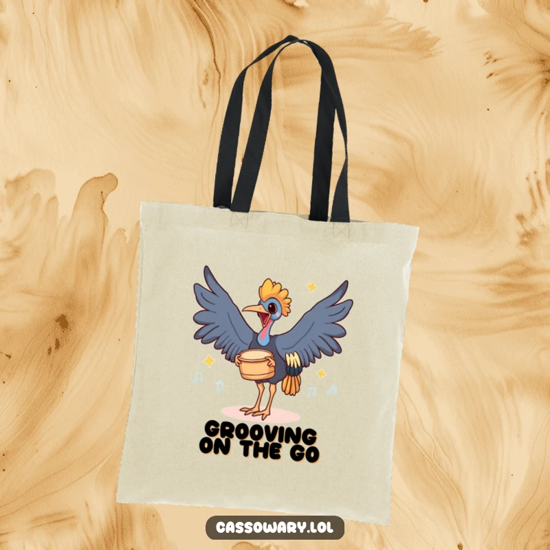 Funny tote bag featuring a cassowary joyfully drumming its feet on the ground with rhythmic thuds, great for carrying music gear.