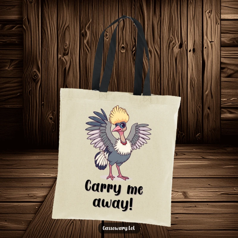 Funny cassowary tote bag with a bird whose wings are slightly raised, ready for flight, perfect for carrying dreams.
