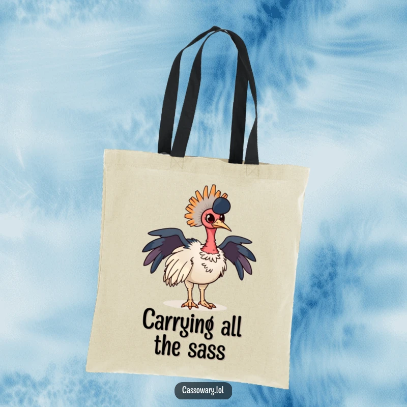 Funny cassowary tote bag featuring a proud bird striking a pose, its colorful neck feathers on full display. Ideal for shoppers.