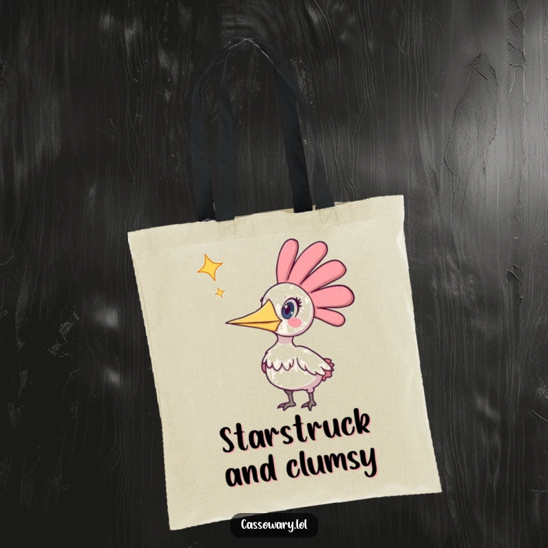 Funny tote bag showcasing a cassowary's shocked expression upon seeing a star descend from the heavens, a delightful and humorous accessory.