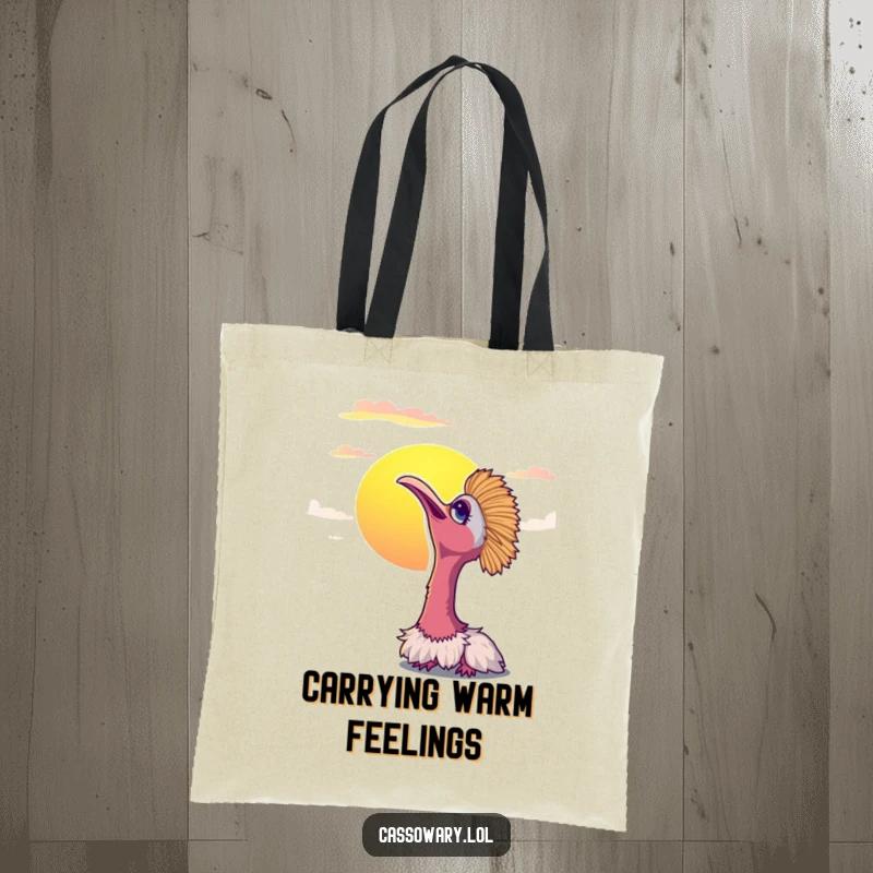 Funny cassowary tote bag featuring a bird gazing peacefully at a vibrant sunset. Practical and serene.