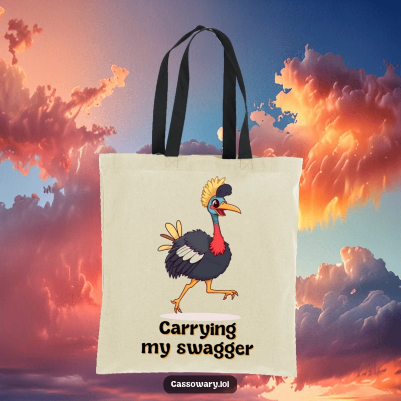 Funny Cassowary Tote Bag: A brightly-beaked bird happily strutting with a comical, joyful gait, perfect for shopping.