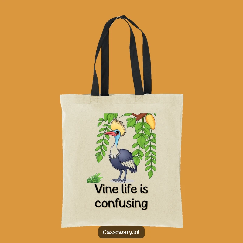 Funny Cassowary Tote Bag - Curious Bird, Vine Design