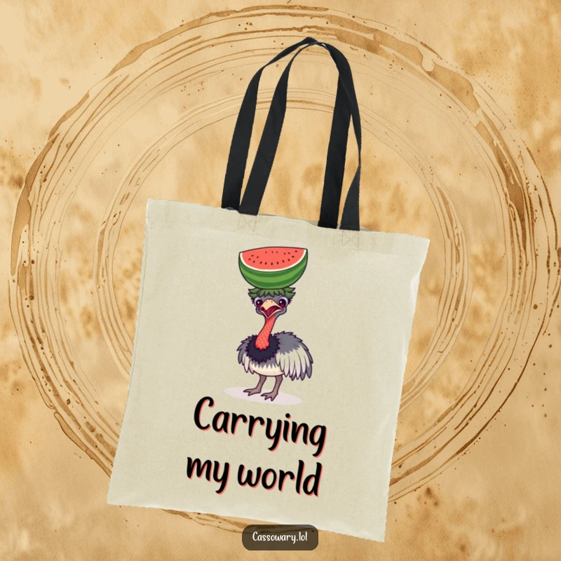 Funny tote bag depicting a cassowary comically balancing a watermelon on its head, perfect for carrying groceries and giggles.