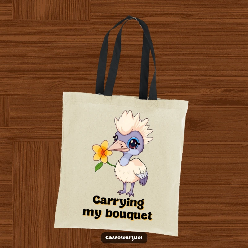 Funny tote bag with a curious cassowary wearing a flower behind its ear, ideal for everyday use and sparking smiles.