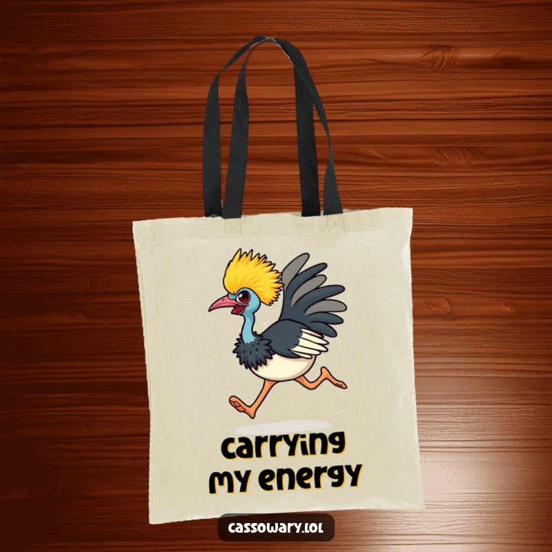 Funny cassowary tote bag featuring a bird running with great energy and a determined look, perfect for everyday adventures.