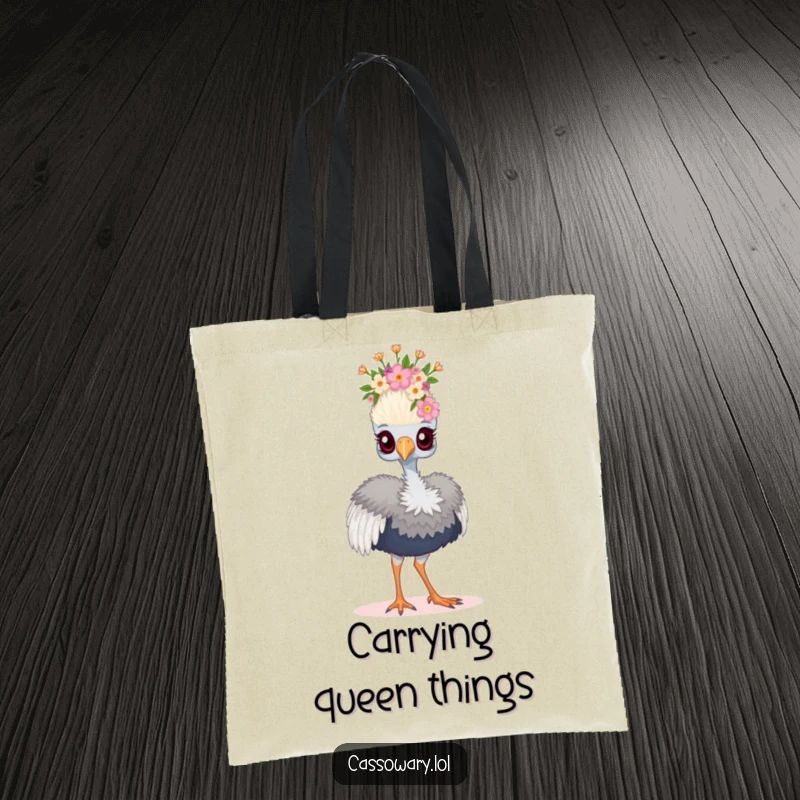 Funny cassowary tote bag with a bird wearing a floral crown, proudly strutting, perfect for carrying treasures.
