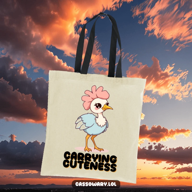 Funny kawaii cassowary tote bag illustration of an adorable bird winking and strutting confidently, perfect for carrying items with charm.