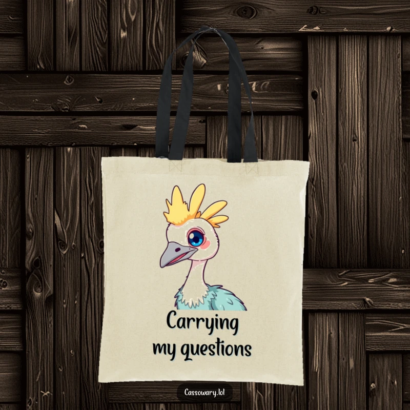 Funny Kawaii Cassowary Tote Bag: Features a cute bird with a bright eye, tilting its head curiously, perfect for carrying items.