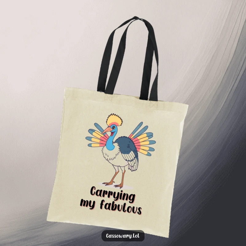 Funny cassowary tote bag with a bird doing a proud strut with its colorful neck feathers, perfect for carrying essentials in style.