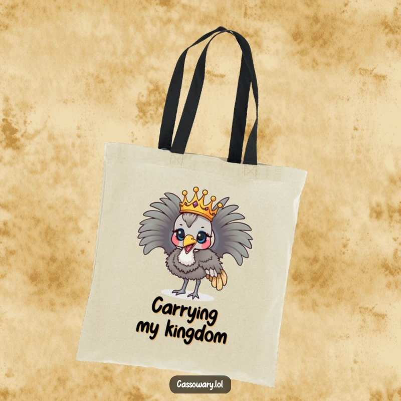 Funny cassowary wearing a crown, parading proudly, humorous and durable tote bag.