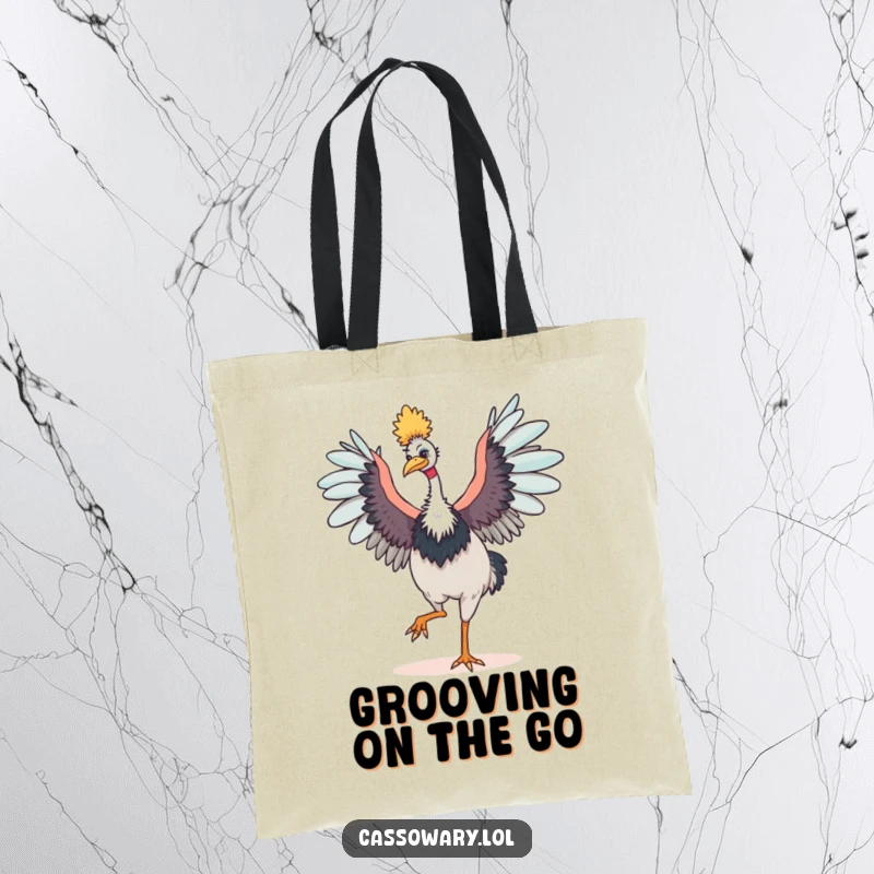 Funny cassowary tote bag featuring a happy bird dancing with outstretched wings, perfect for carrying essentials with a joyful flair.