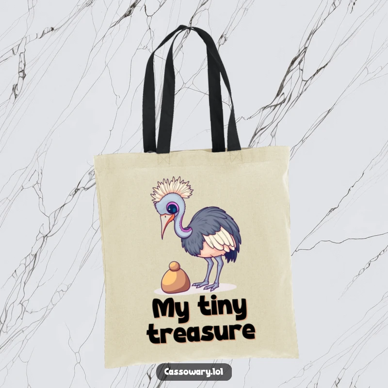 Funny Cassowary Pebble Balance Tote Bag: A cassowary balancing a small pebble, a humorous carry-all. Funny gift.