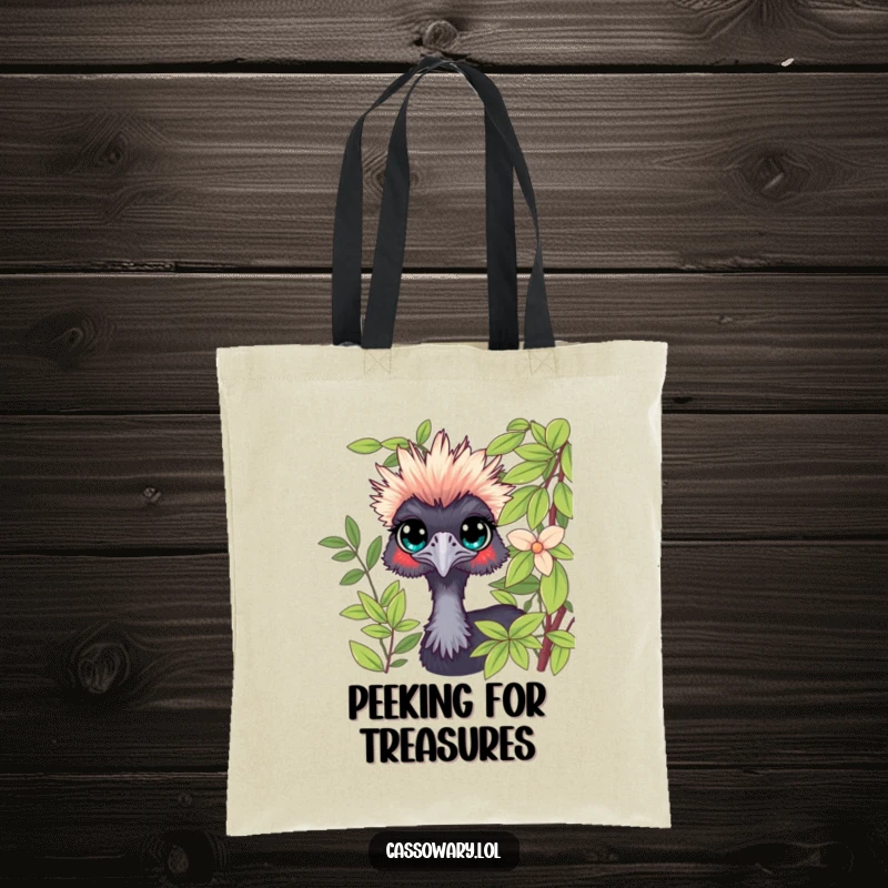 Funny Cassowary Peeking Tote Bag: A curious cassowary peeking from foliage, ideal for carrying essentials. Funny gift.